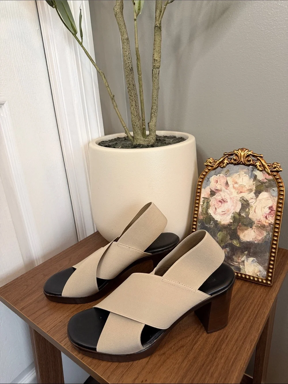 Ron White Rapisardi Beige Stretch Slingback Block Heel Sandals EU 37 Italy